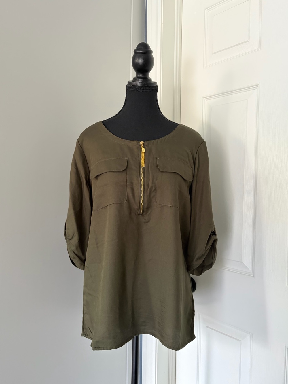 Jones New York Olive Green Blouse With Gold Zipper Detail